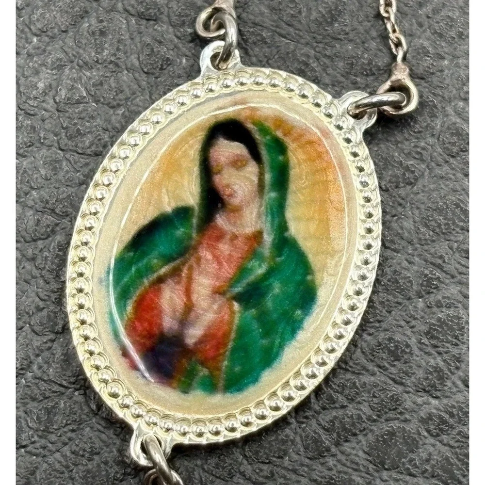 Vintage Dyadema Sterling Silver Rosary Enamel Mary Medal Necklace Pendant Cross